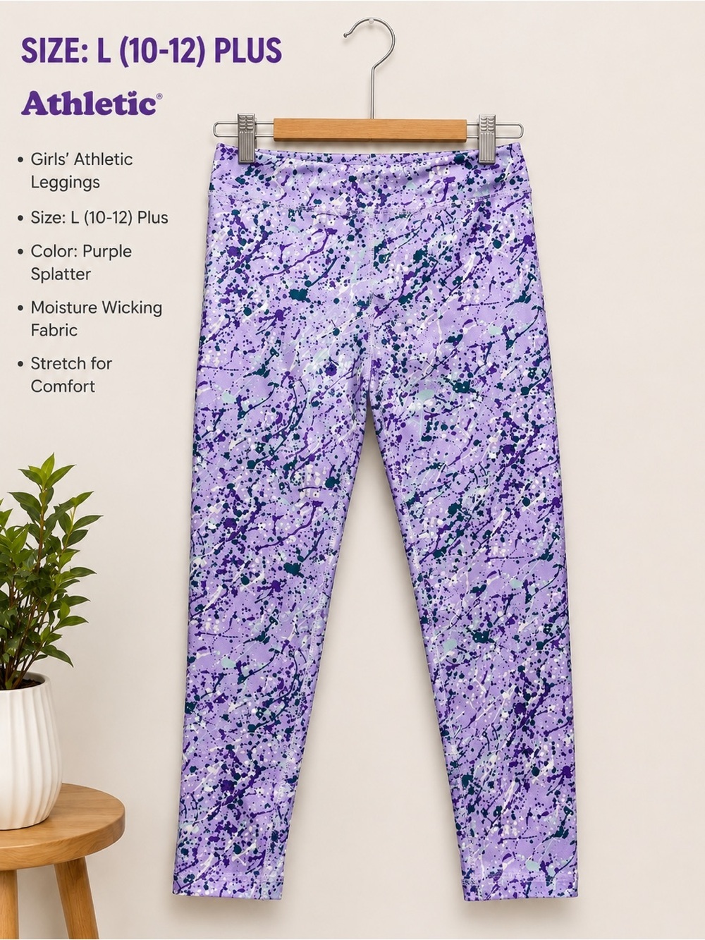 Girls Athletic Purple Splatter Print Leggings Size L (10-12) Plus